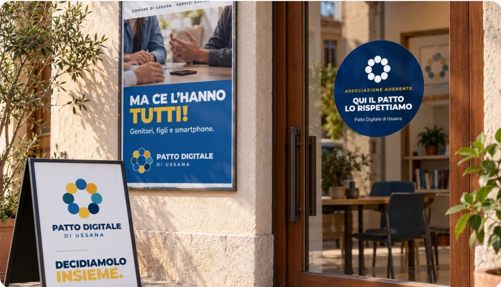 Mockup dal PDF dell’identità visiva: locandina, vetrofania e cavalletto del Patto Digitale di Ussana